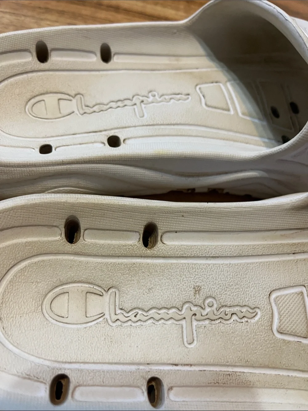 Champion White youth Slide Sandals with Red & Black Logo
